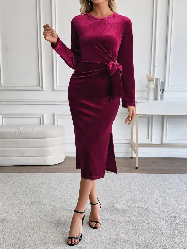 Velvet Round Neck Ruched Bowknot Slit Midi Dress sold by Allegra K