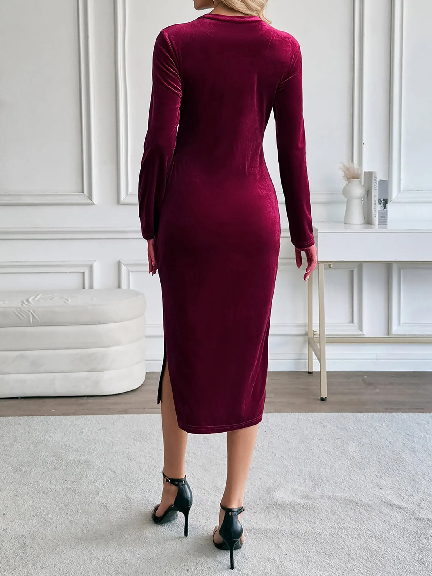 Velvet Round Neck Ruched Bowknot Slit Midi Dress sold by Allegra K product image thumbnail 2