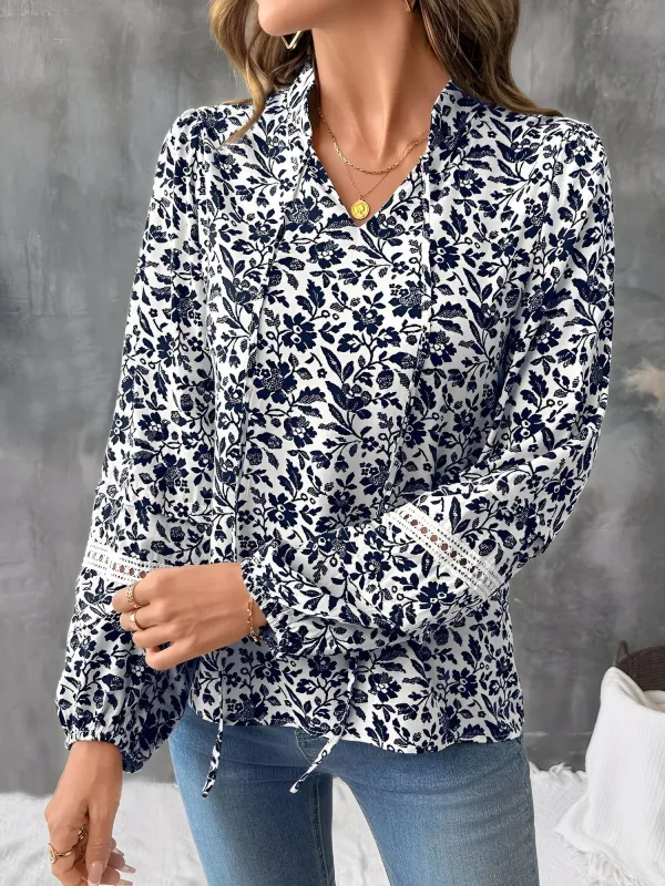 Floral Lace-Up Long Sleeves Casual Blouse sold by Allegra K