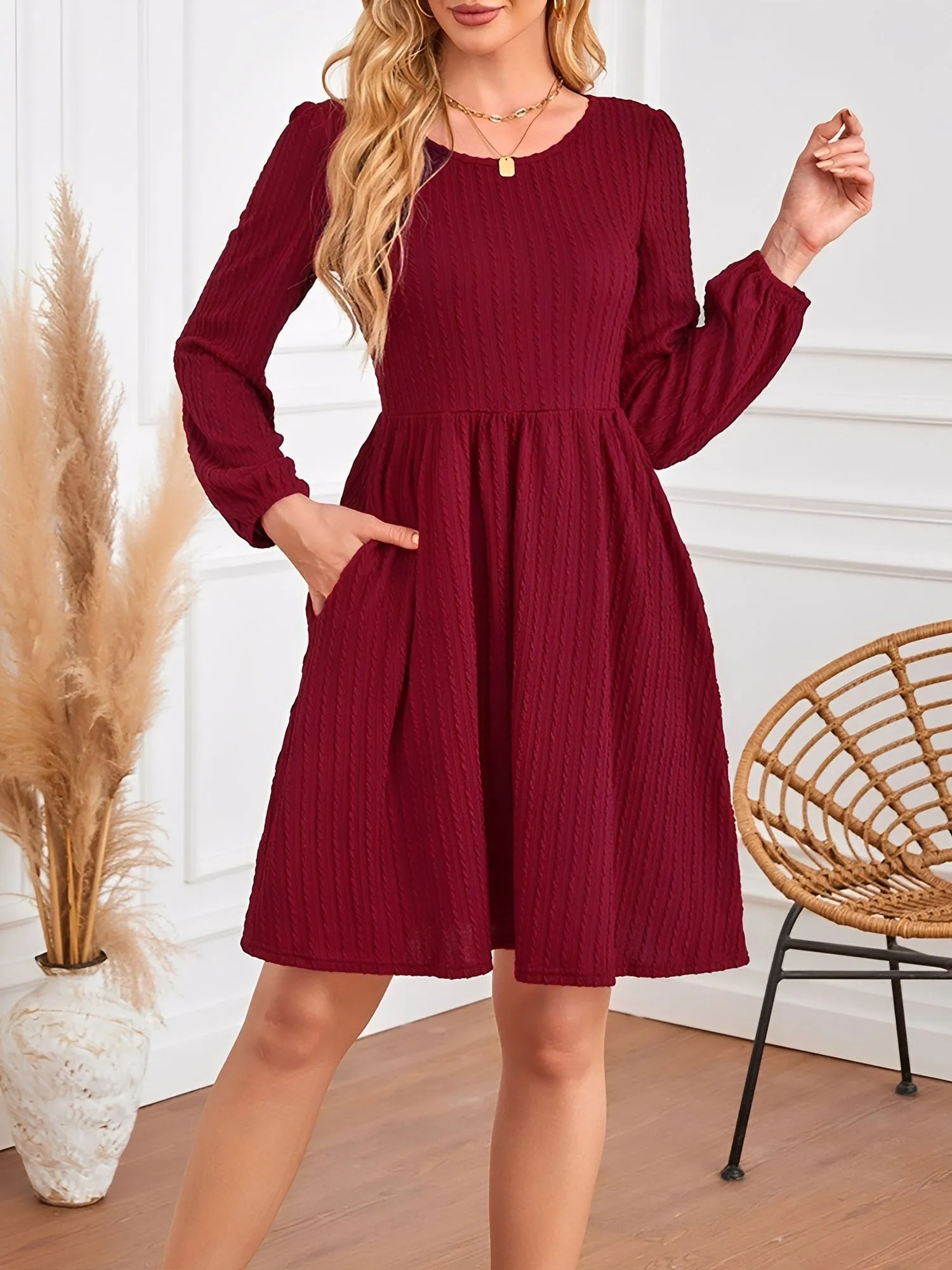 Round Neck Pockets Long Sleeve Textured A-Line Dress sold by Allegra K product image thumbnail 5