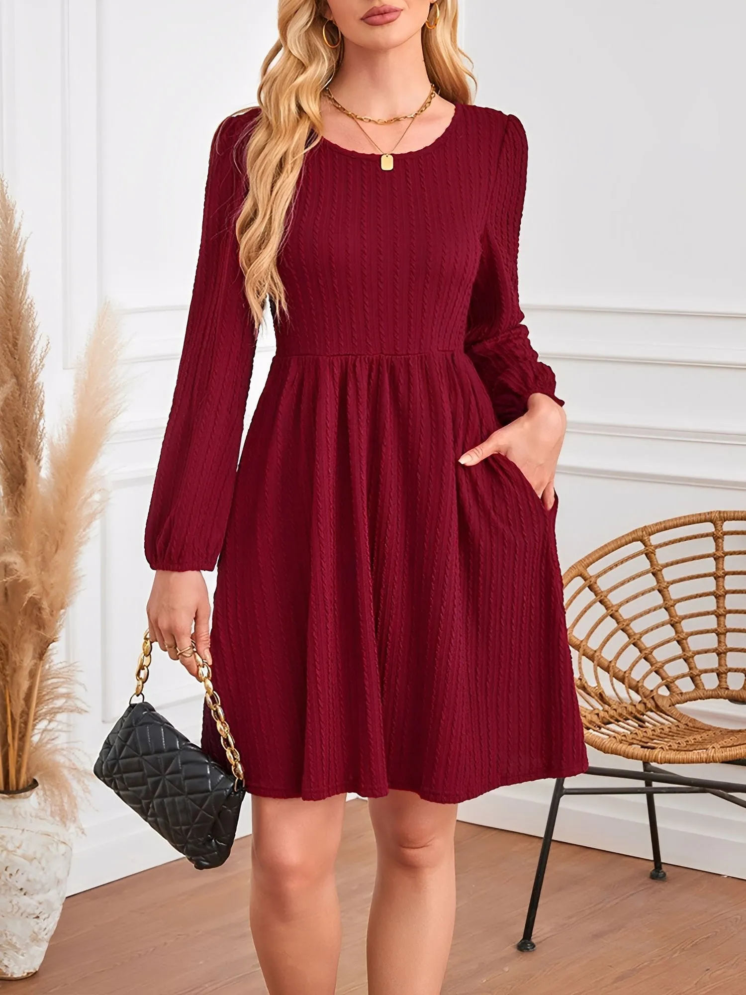 Round Neck Pockets Long Sleeve Textured A-Line Dress sold by Allegra K