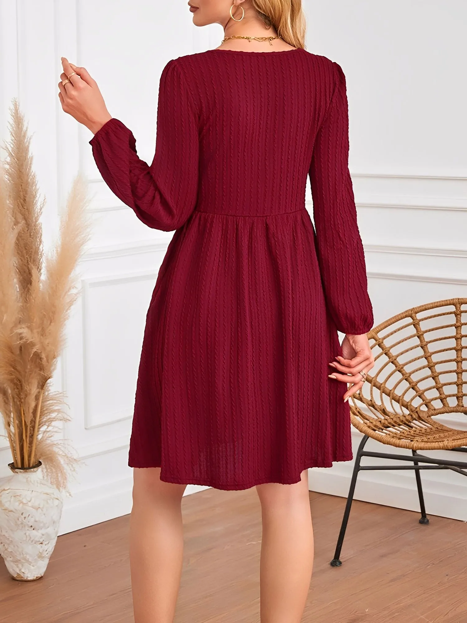 Round Neck Pockets Long Sleeve Textured A-Line Dress sold by Allegra K product image thumbnail 2