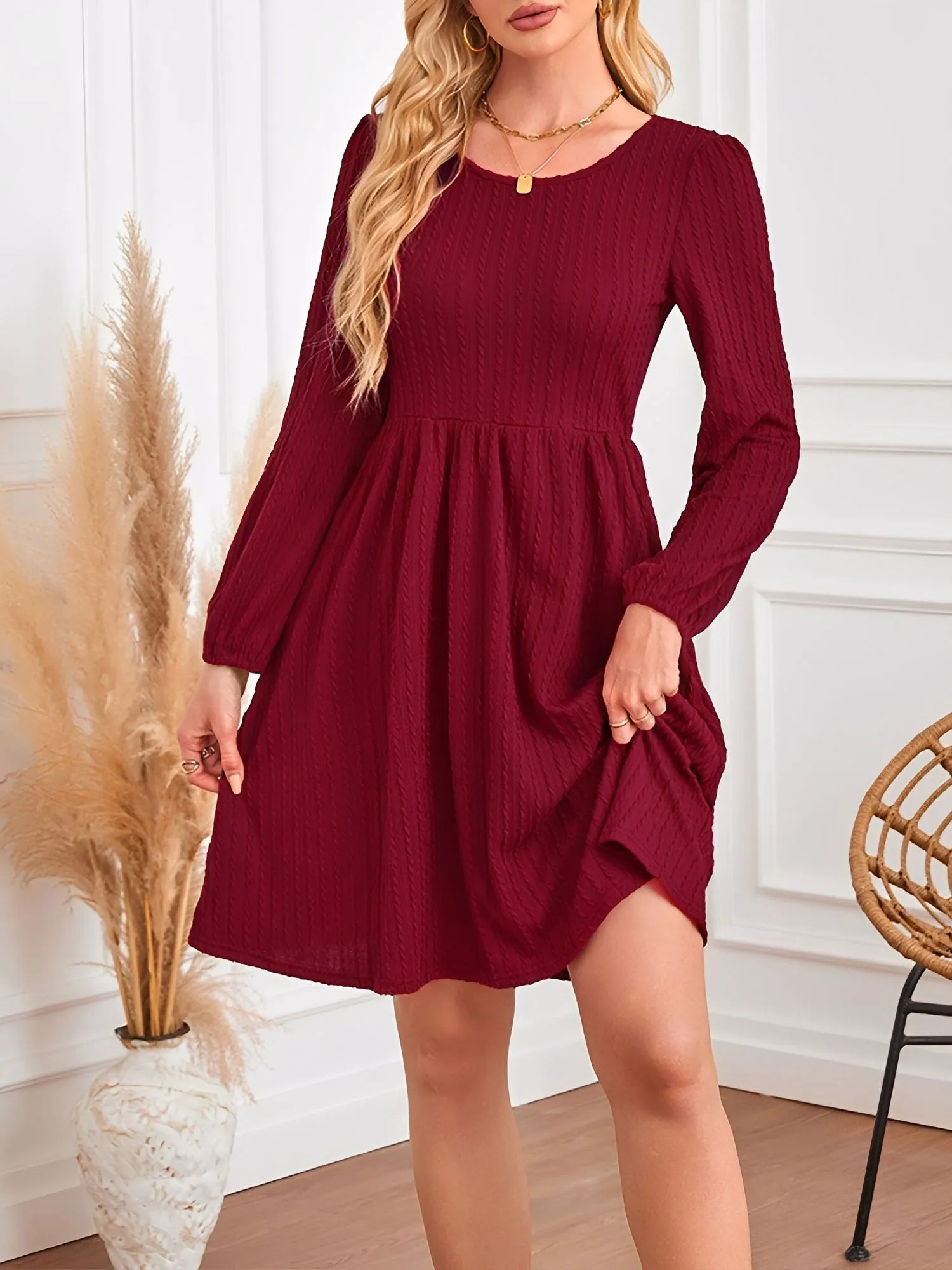 Round Neck Pockets Long Sleeve Textured A-Line Dress sold by Allegra K product image thumbnail 4