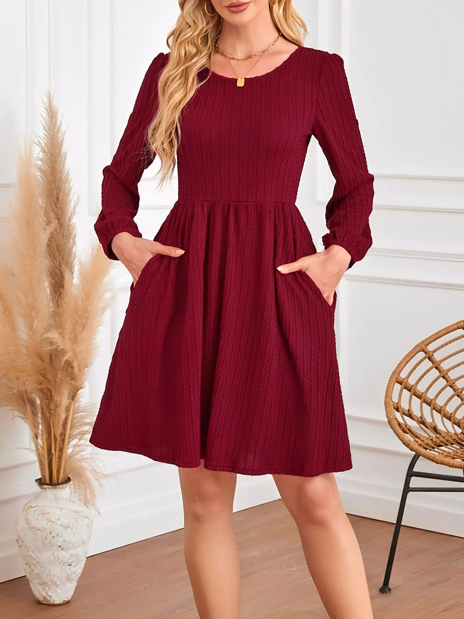 Round Neck Pockets Long Sleeve Textured A-Line Dress sold by Allegra K product image thumbnail 3