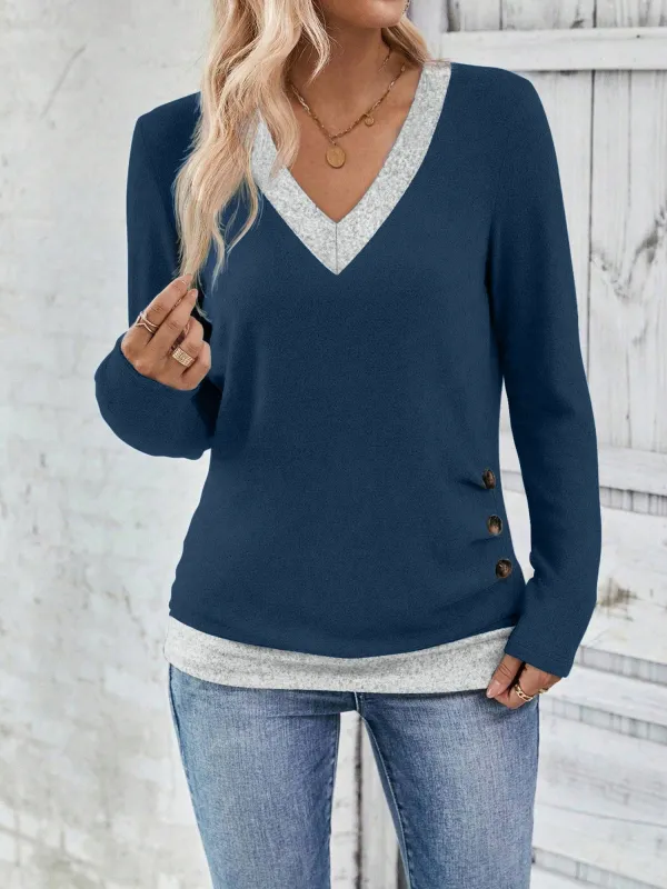 V Neck Colorblock Button Decor Casual Blouse sold by Allegra K