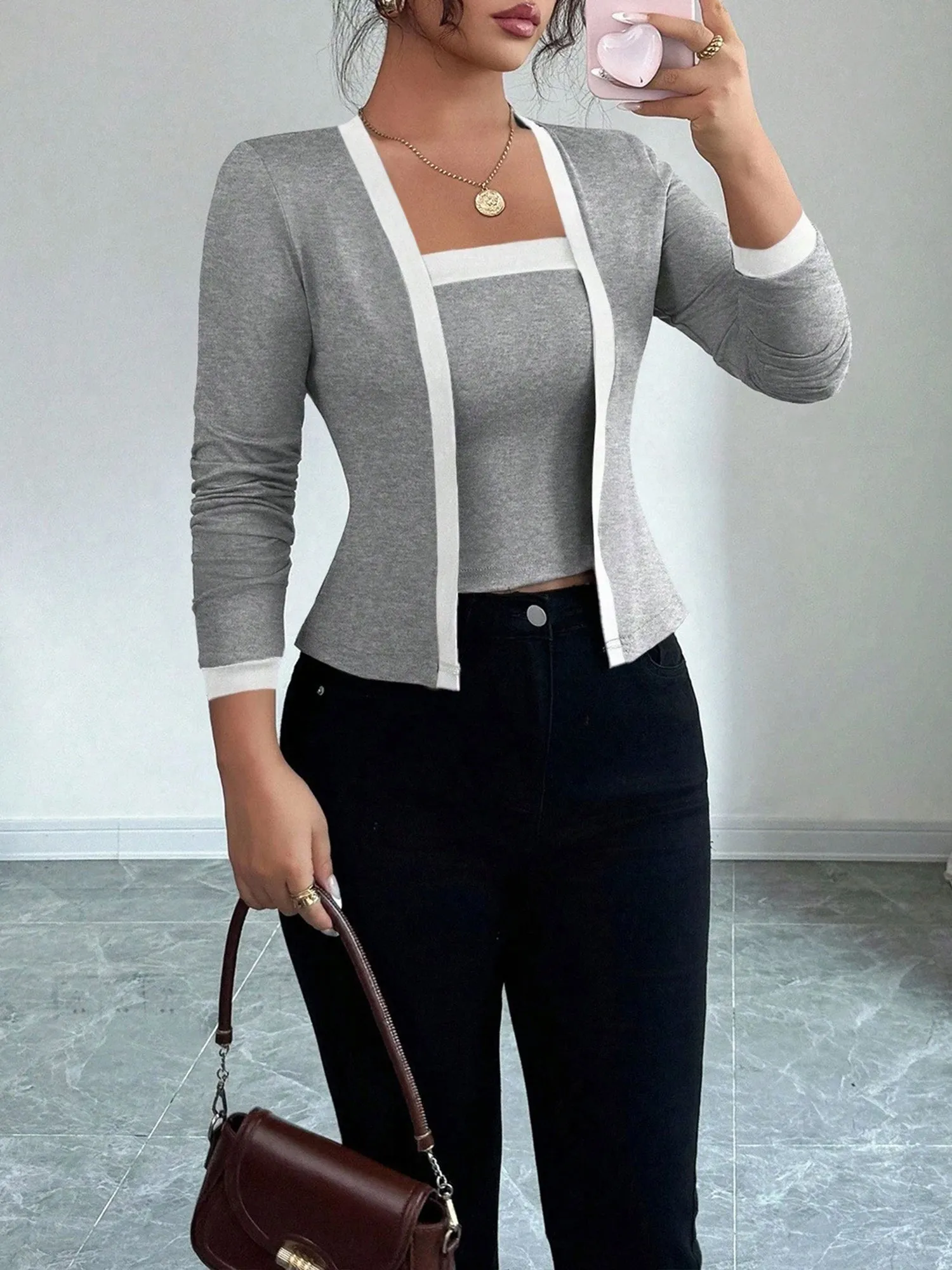 2 Pieces Colorblock Sleeveless Top & Long Sleeves Open Front Jacket Set sold by Allegra K