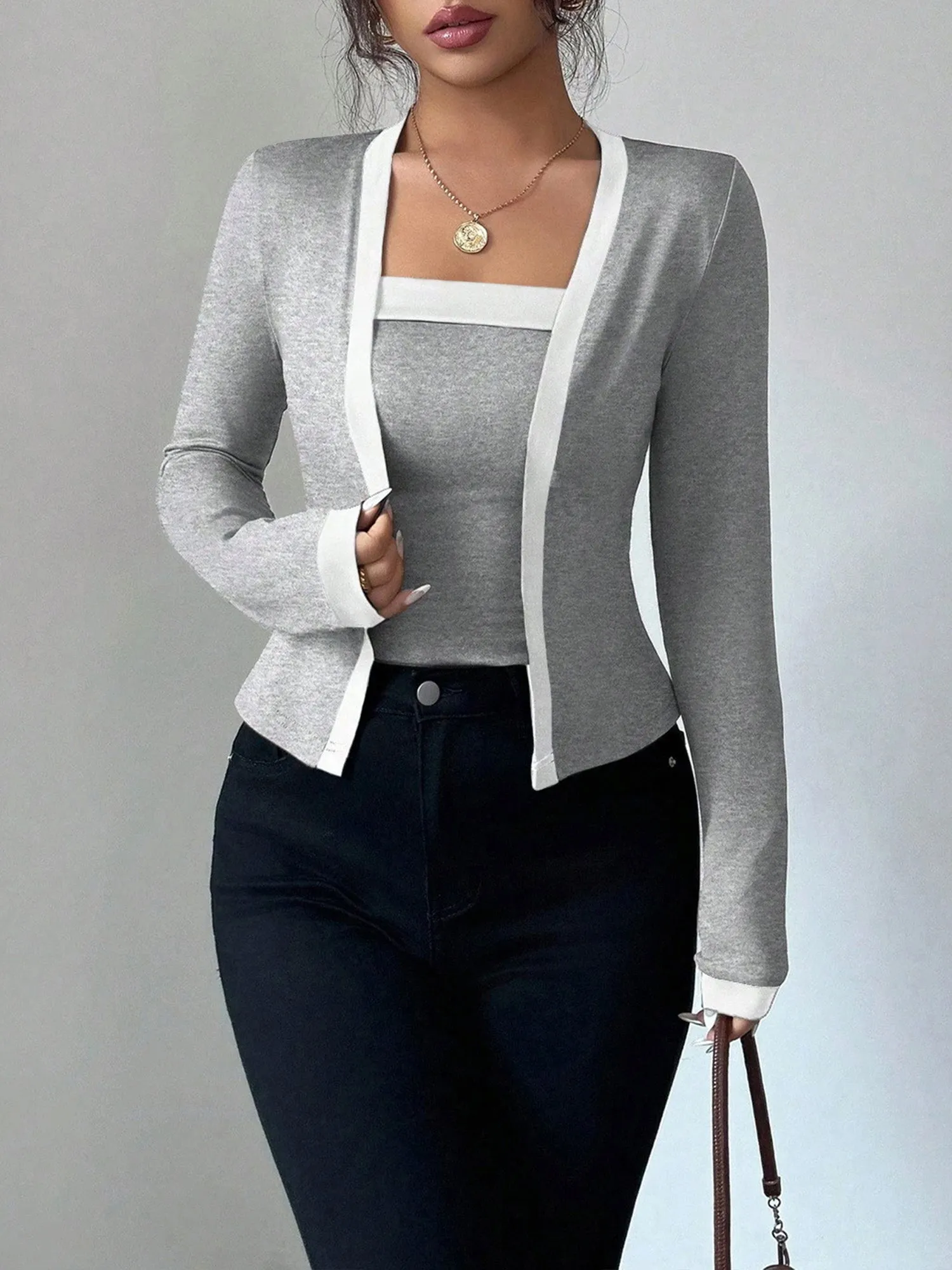 2 Pieces Colorblock Sleeveless Top & Long Sleeves Open Front Jacket Set sold by Allegra K product image thumbnail 5