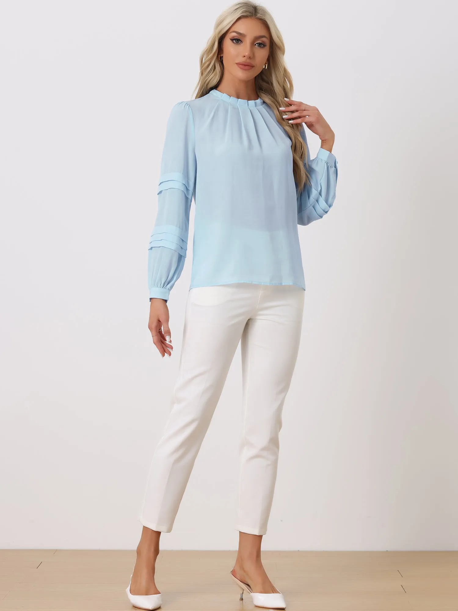Mock Neck Pleated Solid Lantern Long Sleeve Blouse sold by Allegra K product image thumbnail 2