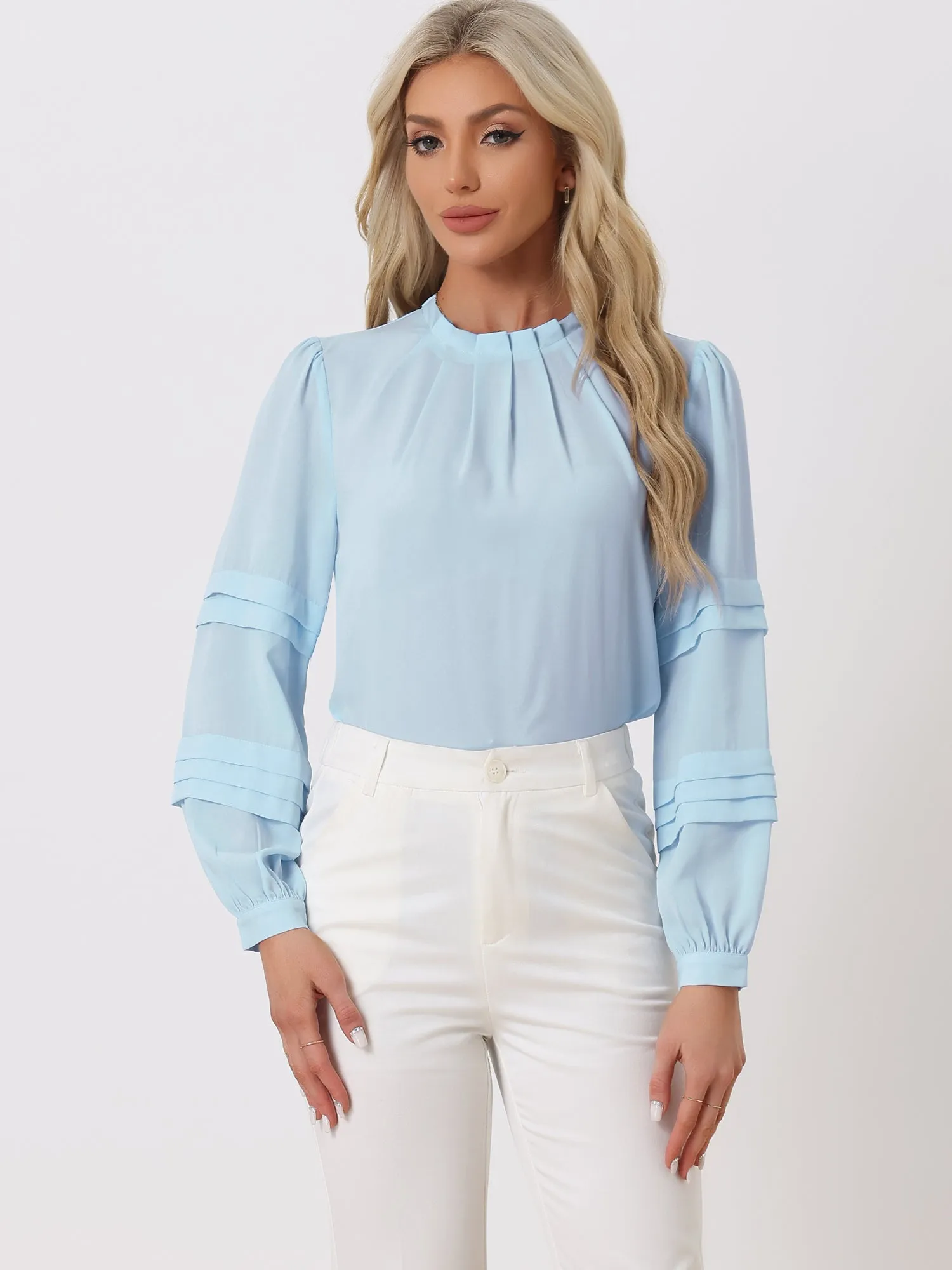 Mock Neck Pleated Solid Lantern Long Sleeve Blouse sold by Allegra K