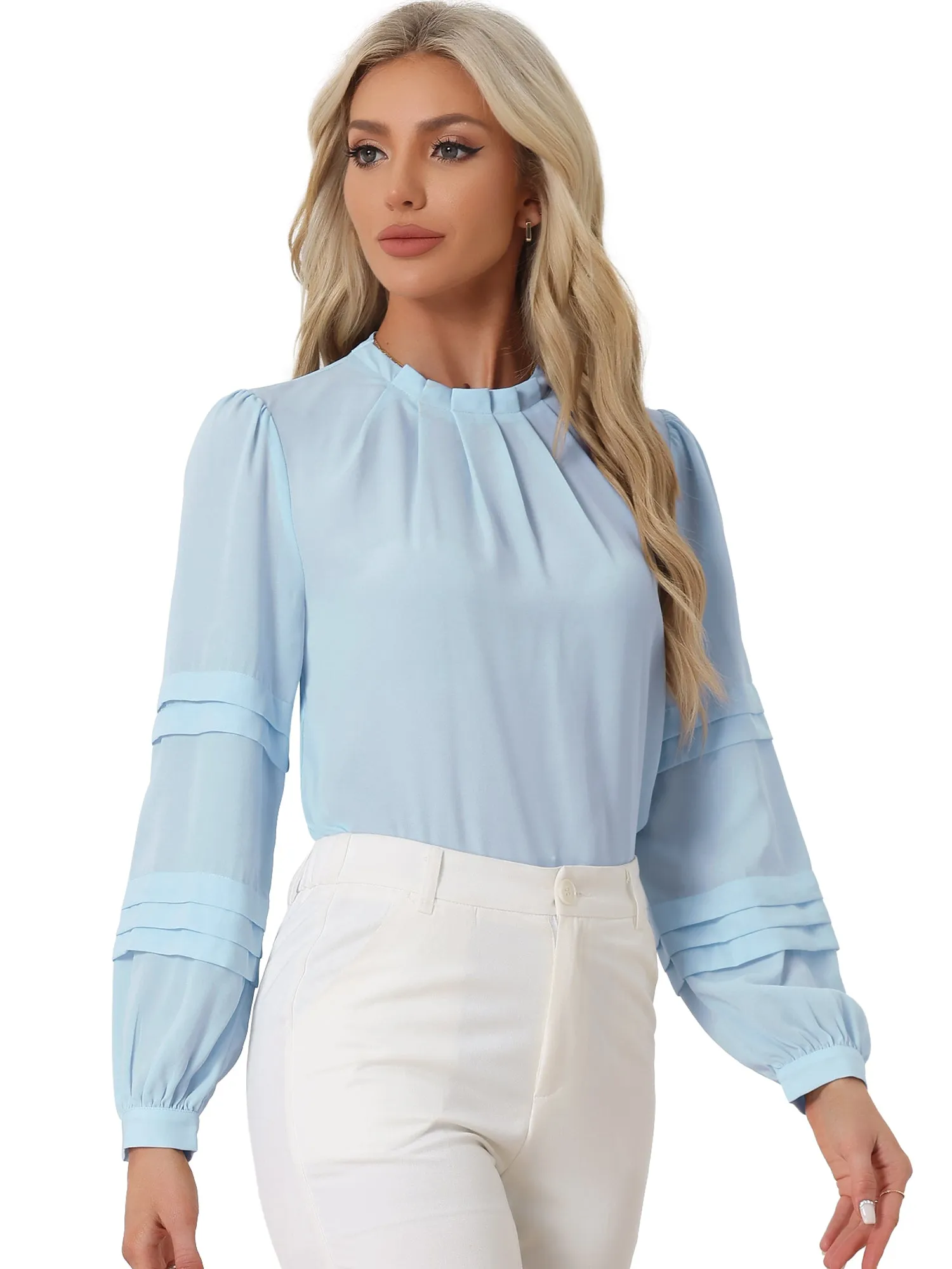 Mock Neck Pleated Solid Lantern Long Sleeve Blouse sold by Allegra K product image thumbnail 4