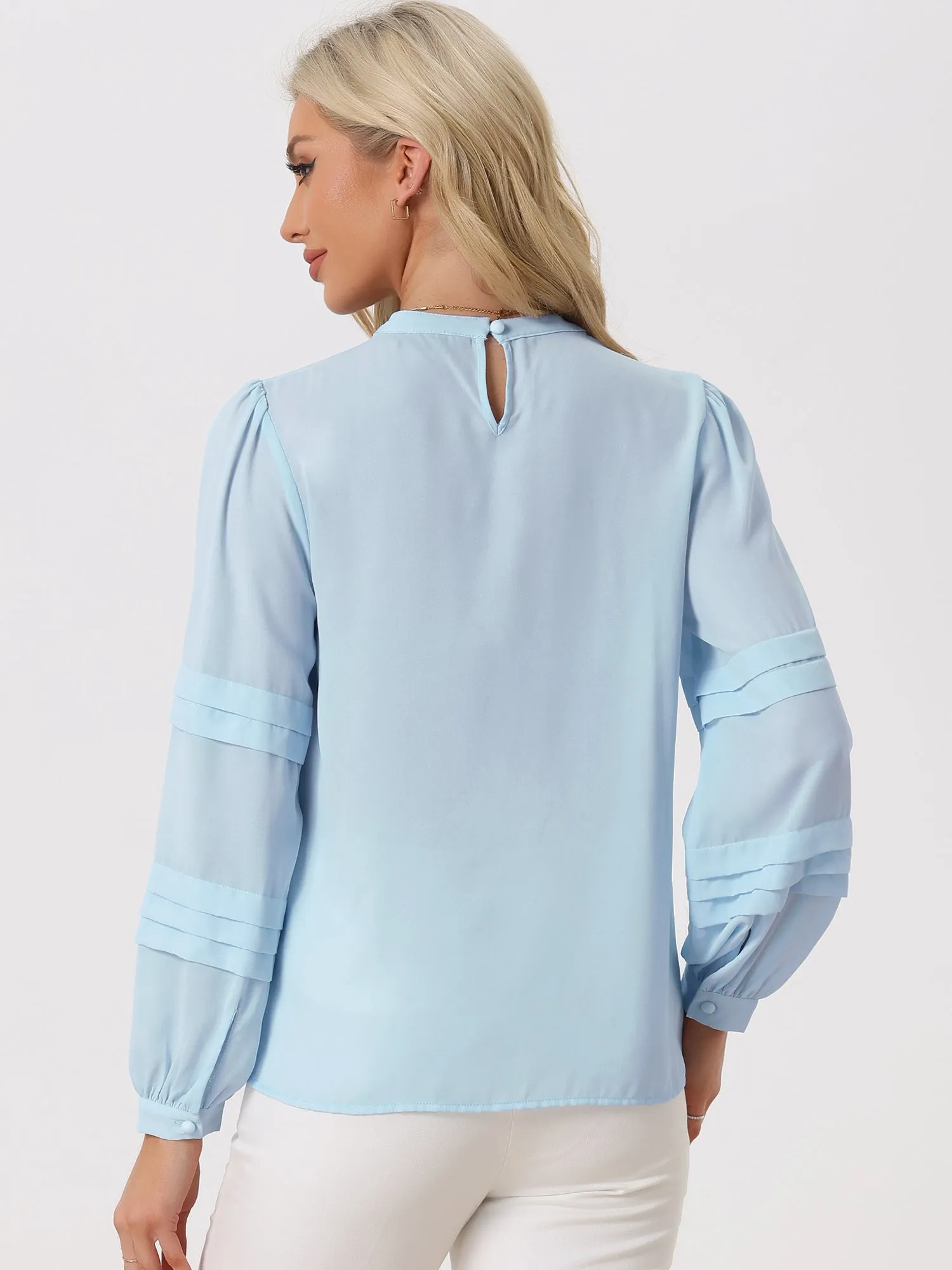 Mock Neck Pleated Solid Lantern Long Sleeve Blouse sold by Allegra K product image thumbnail 3
