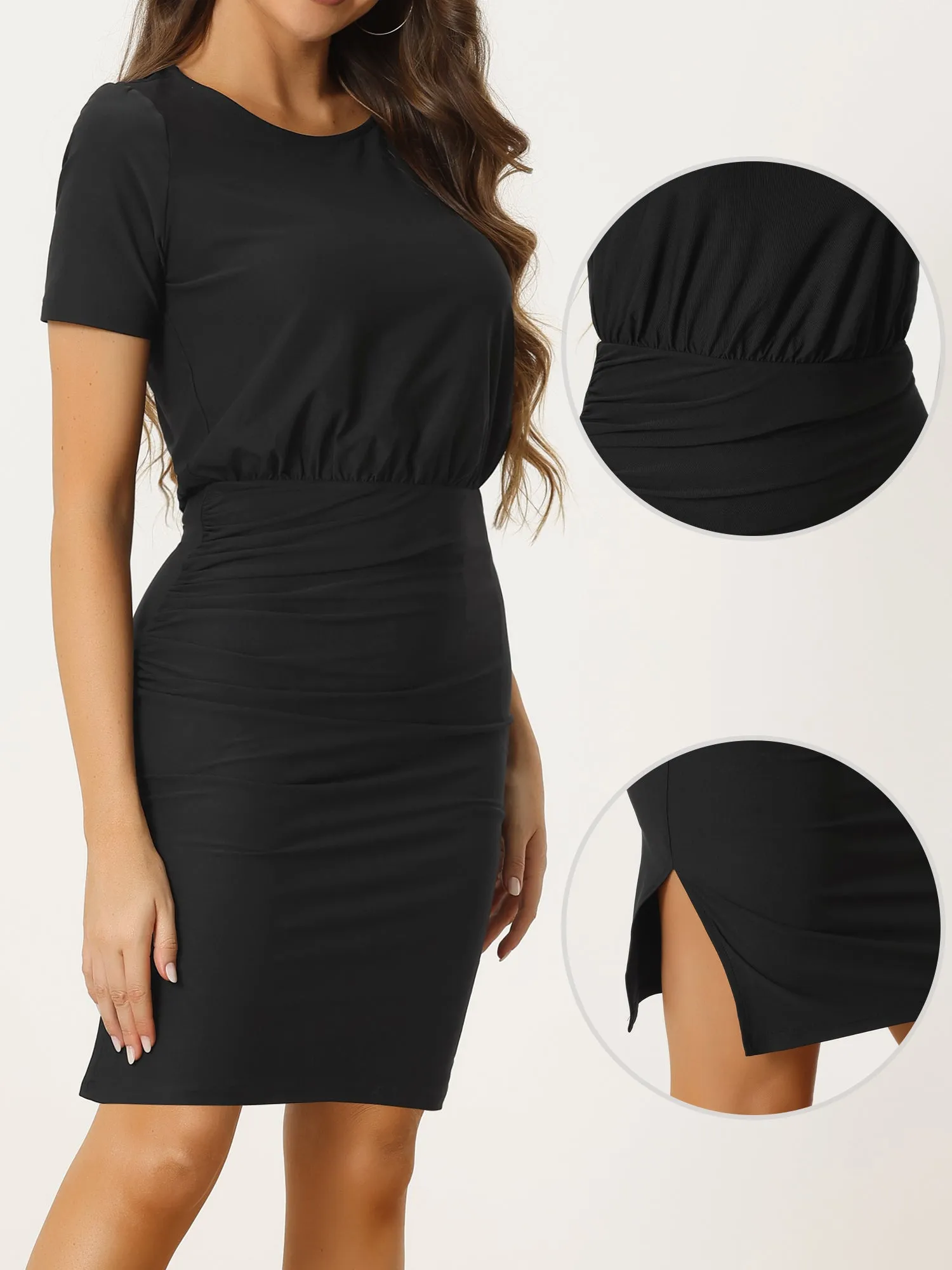 Ruched Split Round Neck Stretchy Work Office Midi Bodycon Dress sold by Allegra K product image thumbnail 2