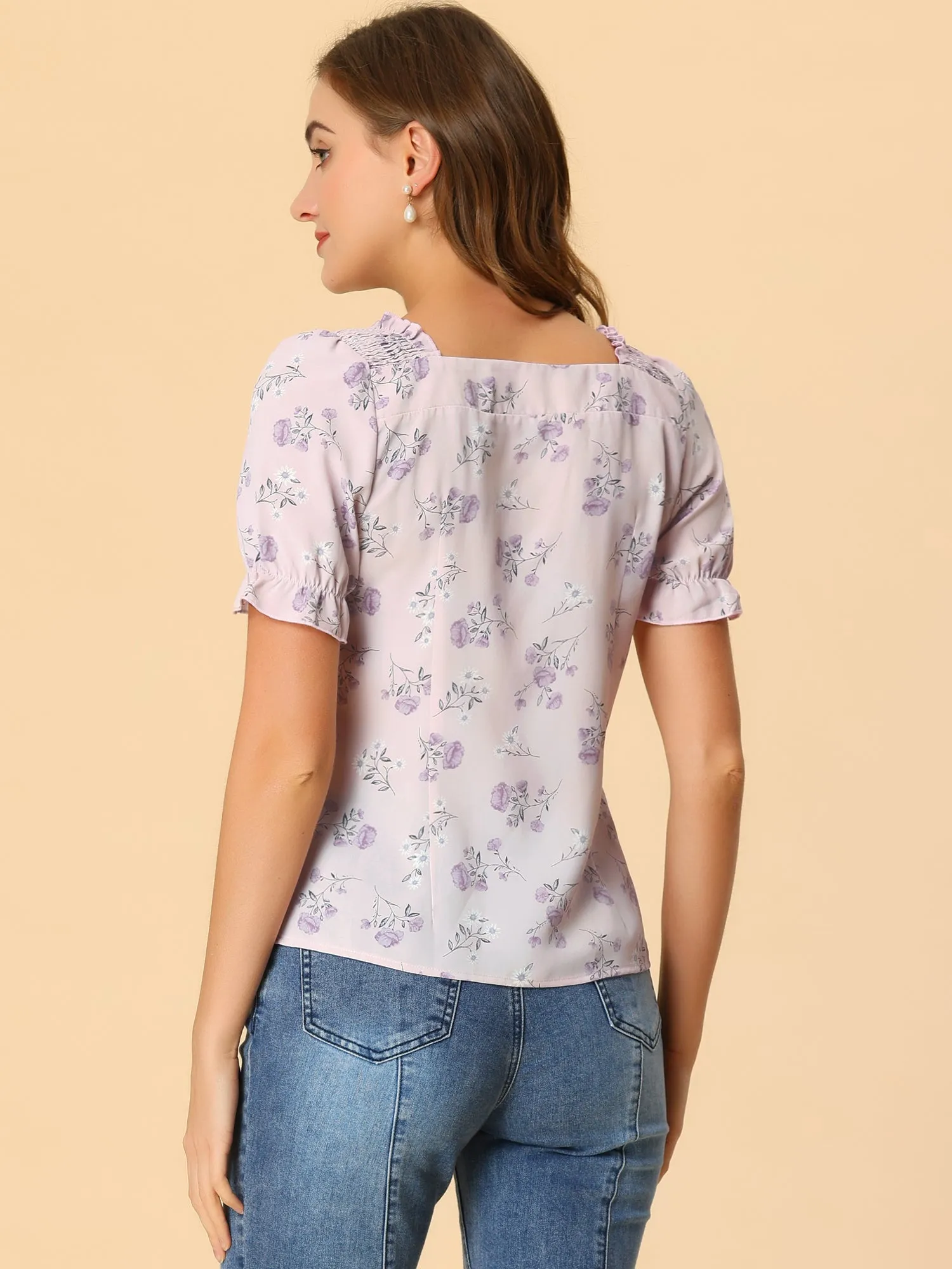 Square Neck Puff Short Sleeve Ruched Front Ruffle Floral Blouse Top sold by Allegra K product image thumbnail 5