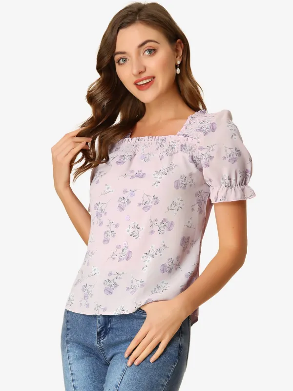 Square Neck Puff Short Sleeve Ruched Front Ruffle Floral Blouse Top sold by Allegra K