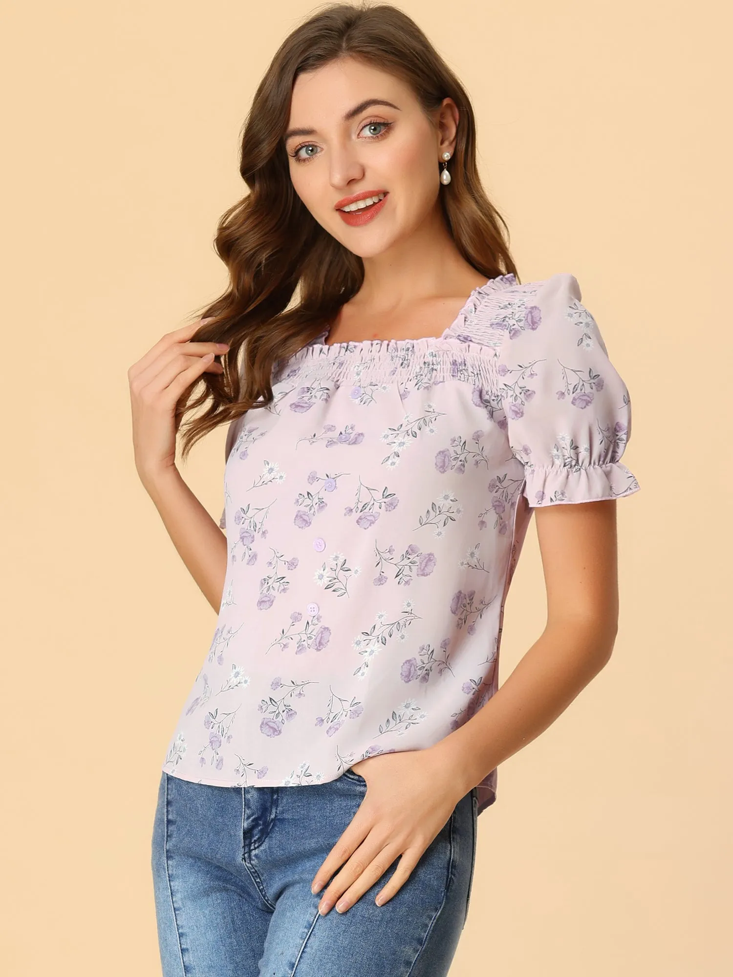 Square Neck Puff Short Sleeve Ruched Front Ruffle Floral Blouse Top sold by Allegra K product image thumbnail 2