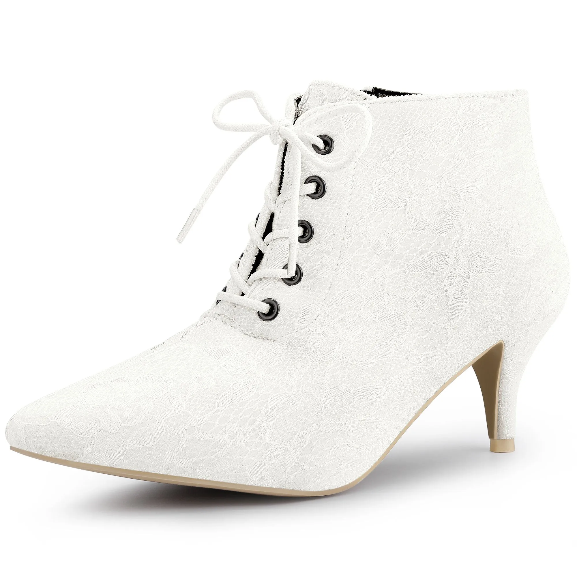 Pointed Toe Up Stiletto Kitten Heel Lace Booties sold by Allegra K