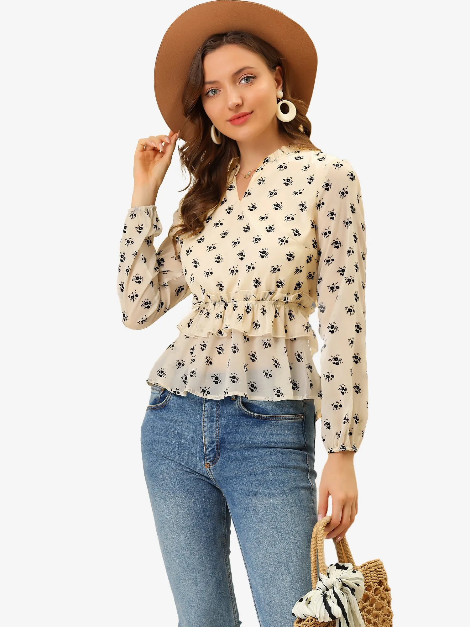 Floral Split Neck Long Sleeve Ruffle Peplum Tops sold by Allegra K