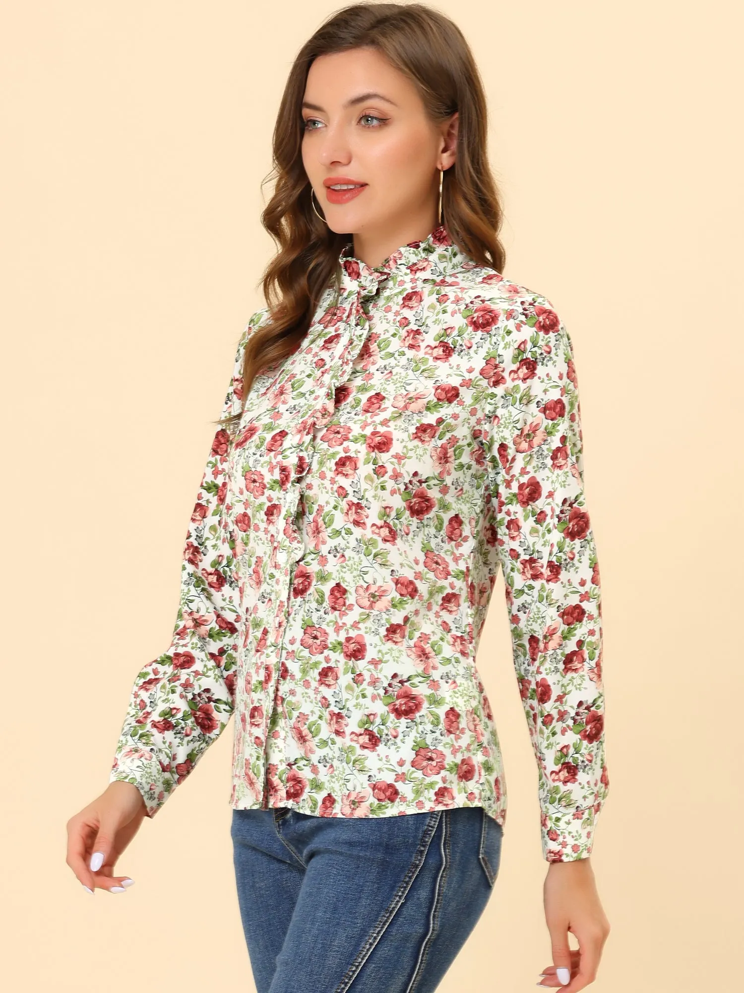 Floral Flower Printed Shirt Ruffled Button Up Mock Neck Top Blouse sold by Allegra K product image thumbnail 2