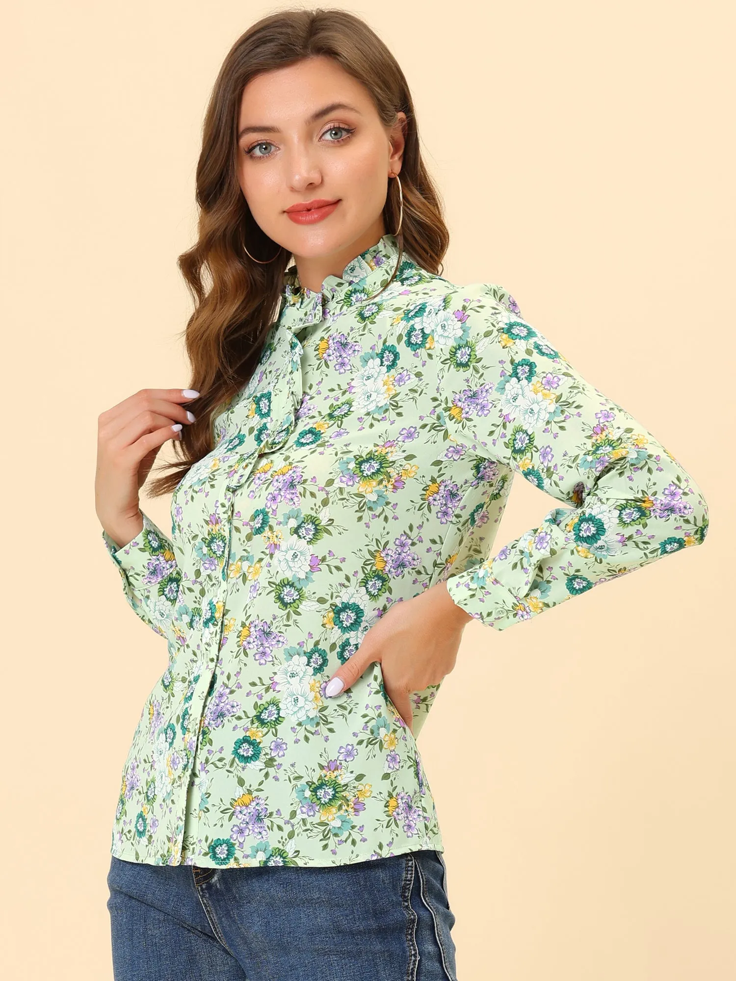 Floral Flower Printed Shirt Ruffled Button Up Mock Neck Top Blouse sold by Allegra K product image thumbnail 4