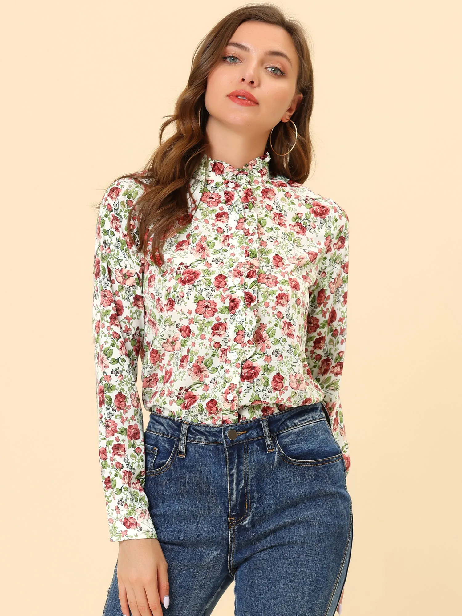 Floral Flower Printed Shirt Ruffled Button Up Mock Neck Top Blouse sold by Allegra K