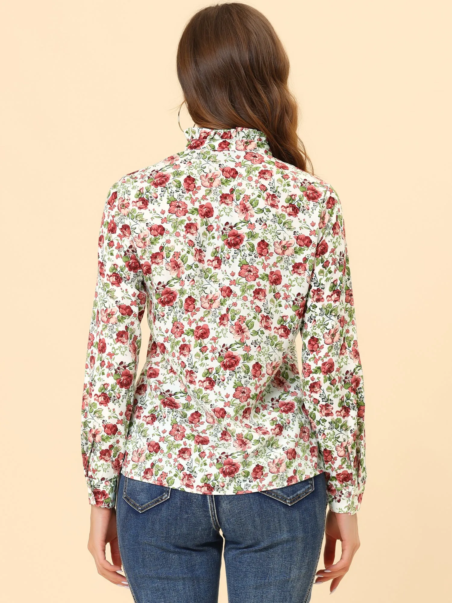 Floral Flower Printed Shirt Ruffled Button Up Mock Neck Top Blouse sold by Allegra K product image thumbnail 3