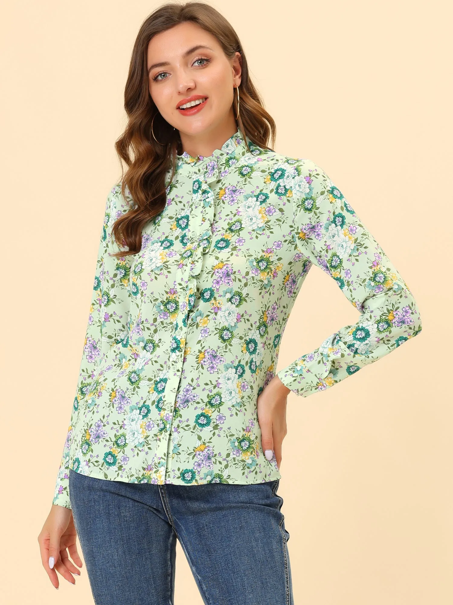 Floral Flower Printed Shirt Ruffled Button Up Mock Neck Top Blouse sold by Allegra K product image thumbnail 5