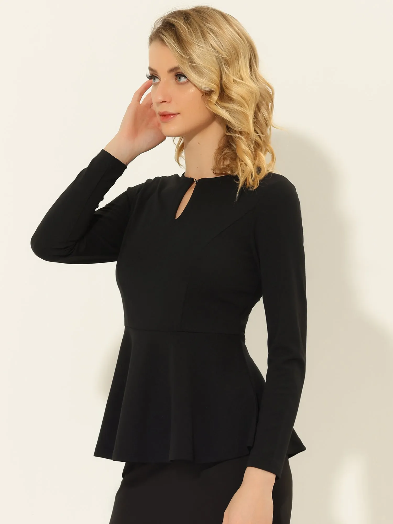Elegant Keyhole Front Ruffle Hem Work Long Sleeve Peplum Tops sold by Allegra K