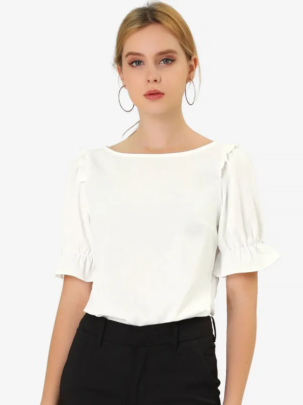 Round Neck Short Puff Sleeve Ruffle Top Blouse sold by Allegra K