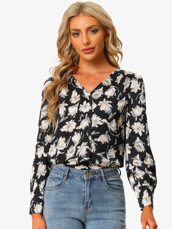 Floral Print V Neck Button Up Long Sleeve Satin Blouse sold by Allegra K