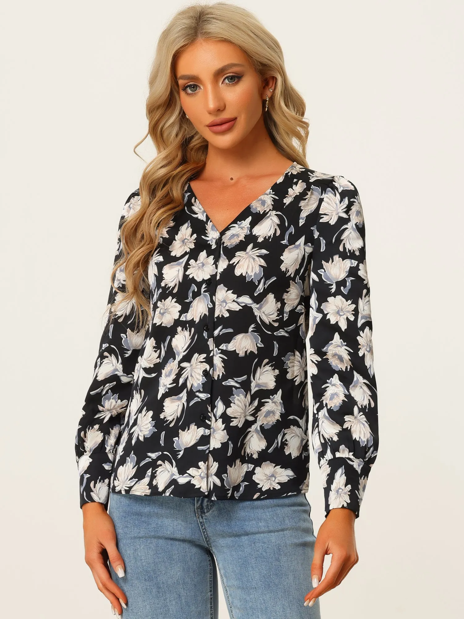 Floral Print V Neck Button Up Long Sleeve Satin Blouse sold by Allegra K product image thumbnail 4