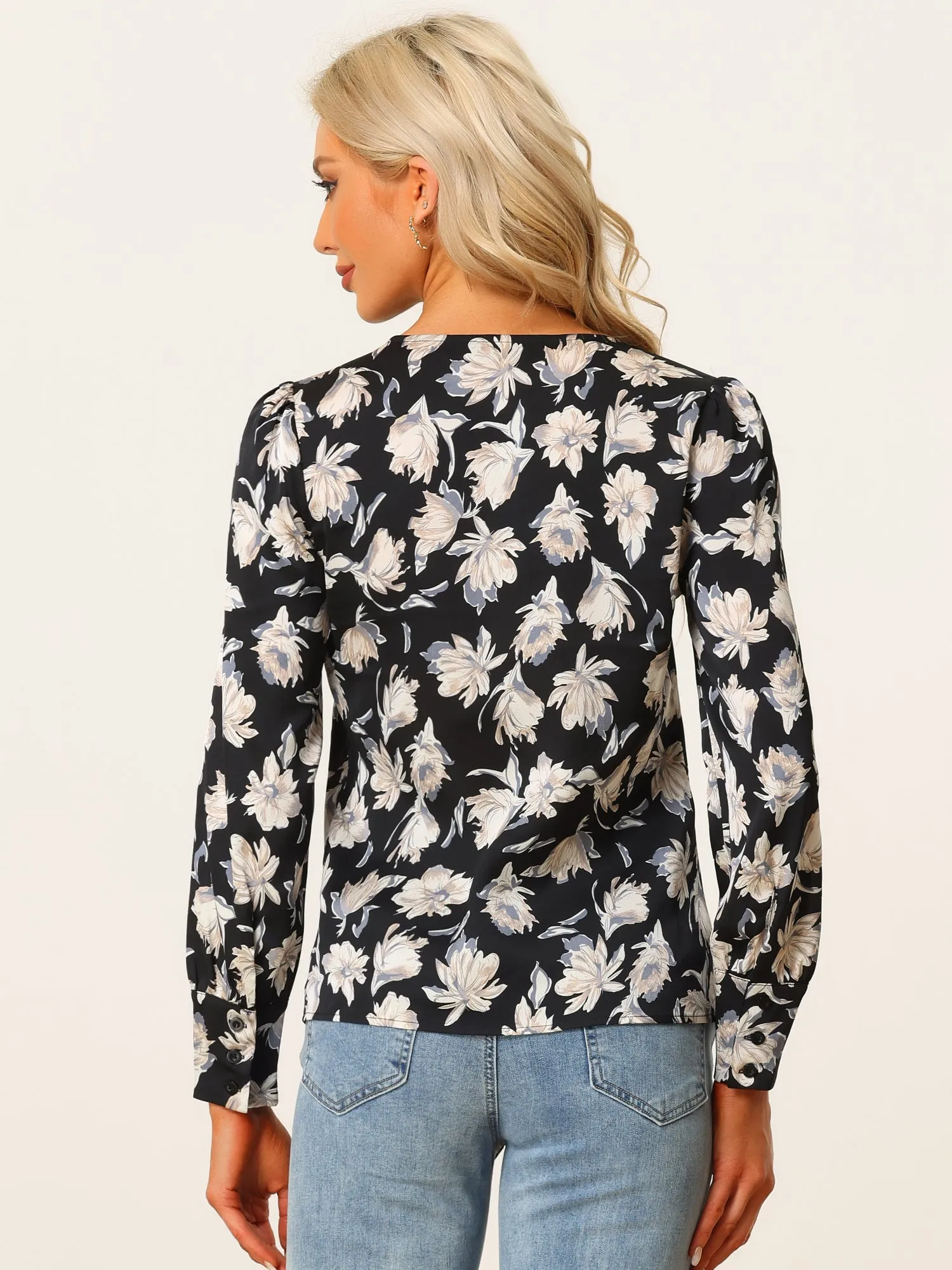 Floral Print V Neck Button Up Long Sleeve Satin Blouse sold by Allegra K product image thumbnail 3