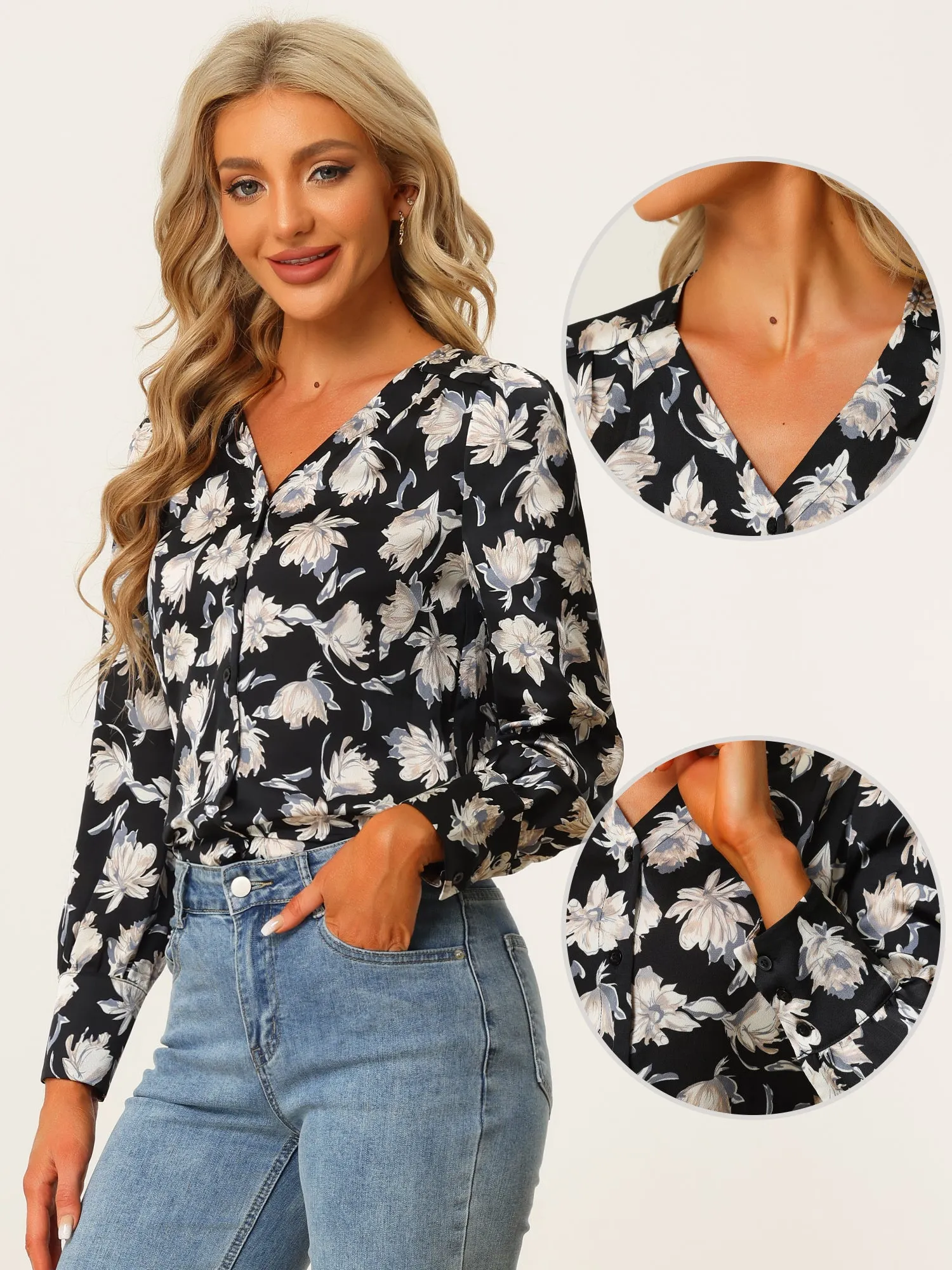 Floral Print V Neck Button Up Long Sleeve Satin Blouse sold by Allegra K product image thumbnail 2