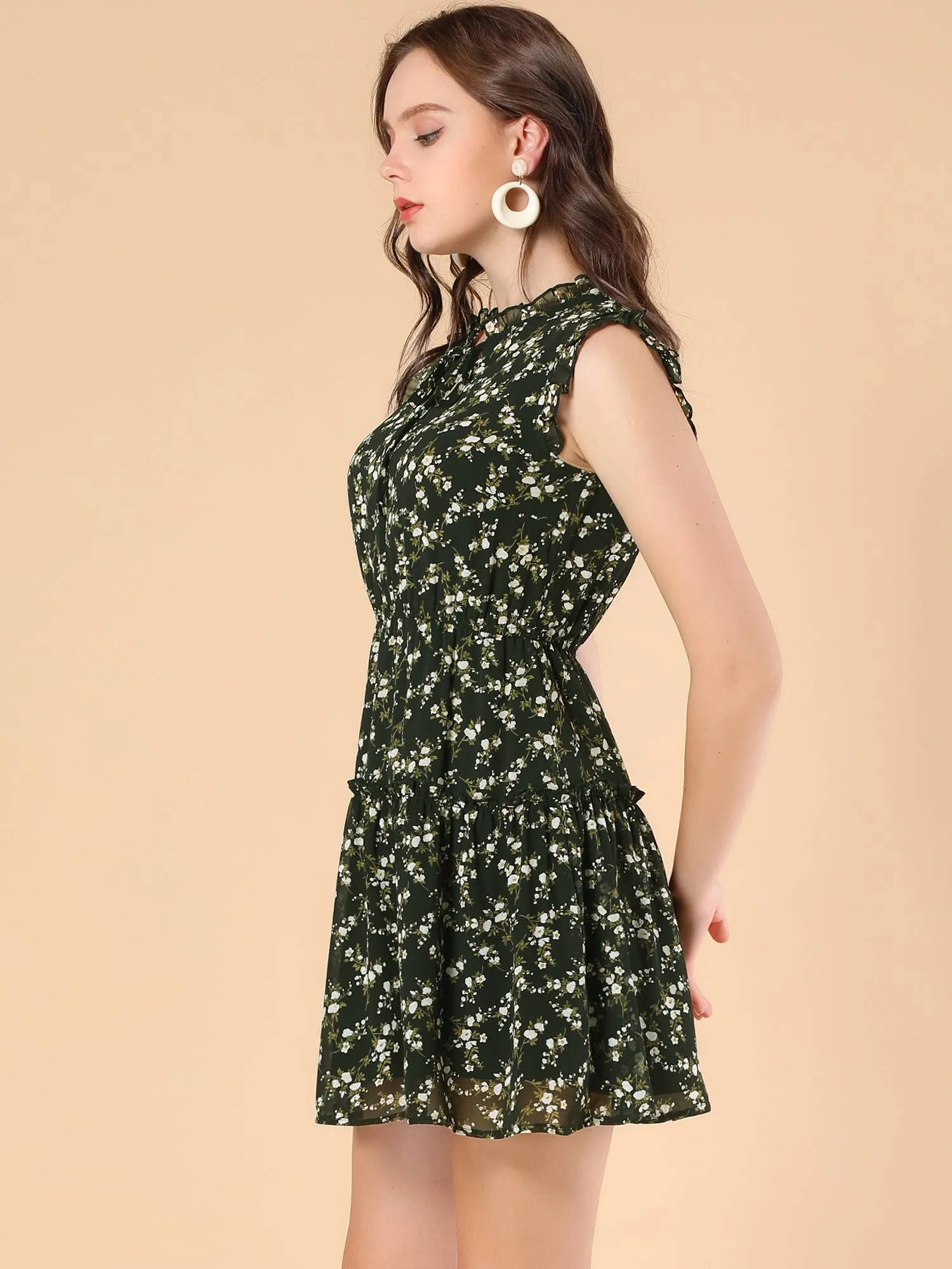 Summer Floral Ruffle Sleeveless Tie Neck Chiffon Flowy Mini Dress sold by Allegra K product image thumbnail 3
