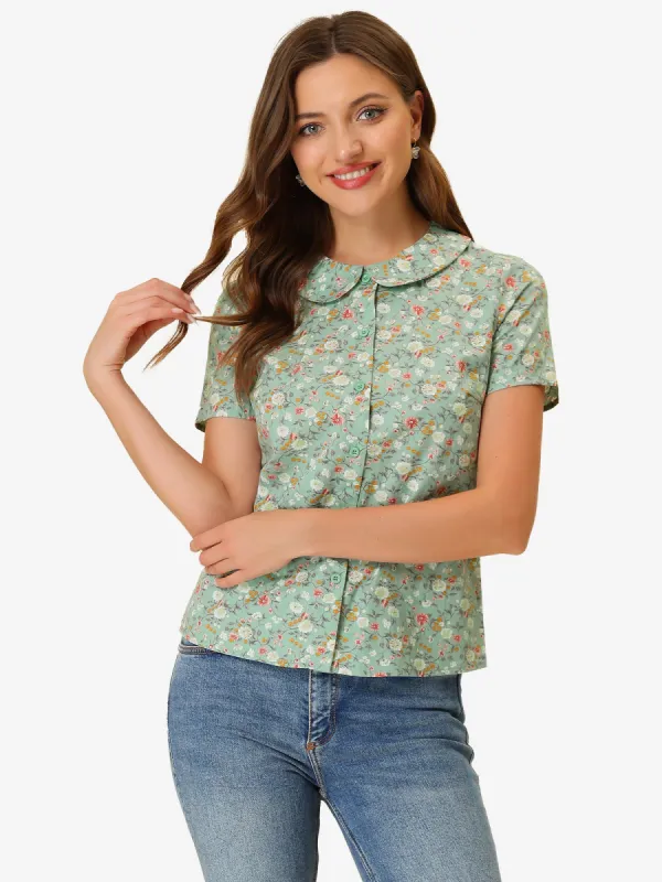 Summer Peter Pan Collar Button Front Vintage Floral Print Blouse sold by Allegra K