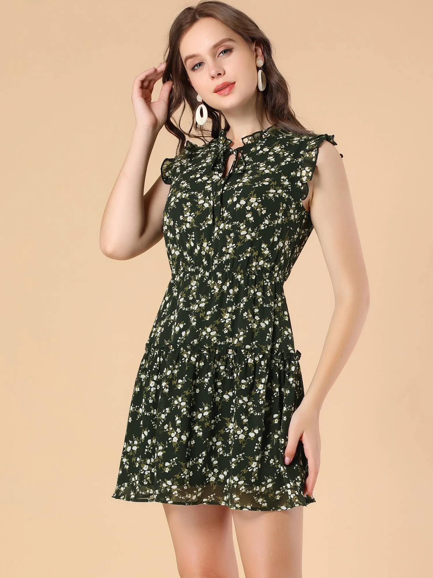 Summer Floral Ruffle Sleeveless Tie Neck Chiffon Flowy Mini Dress sold by Allegra K