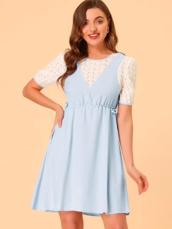 Cute Summer Short Sleeve Hollow Lace Panel A-Line Dress sold by Allegra K