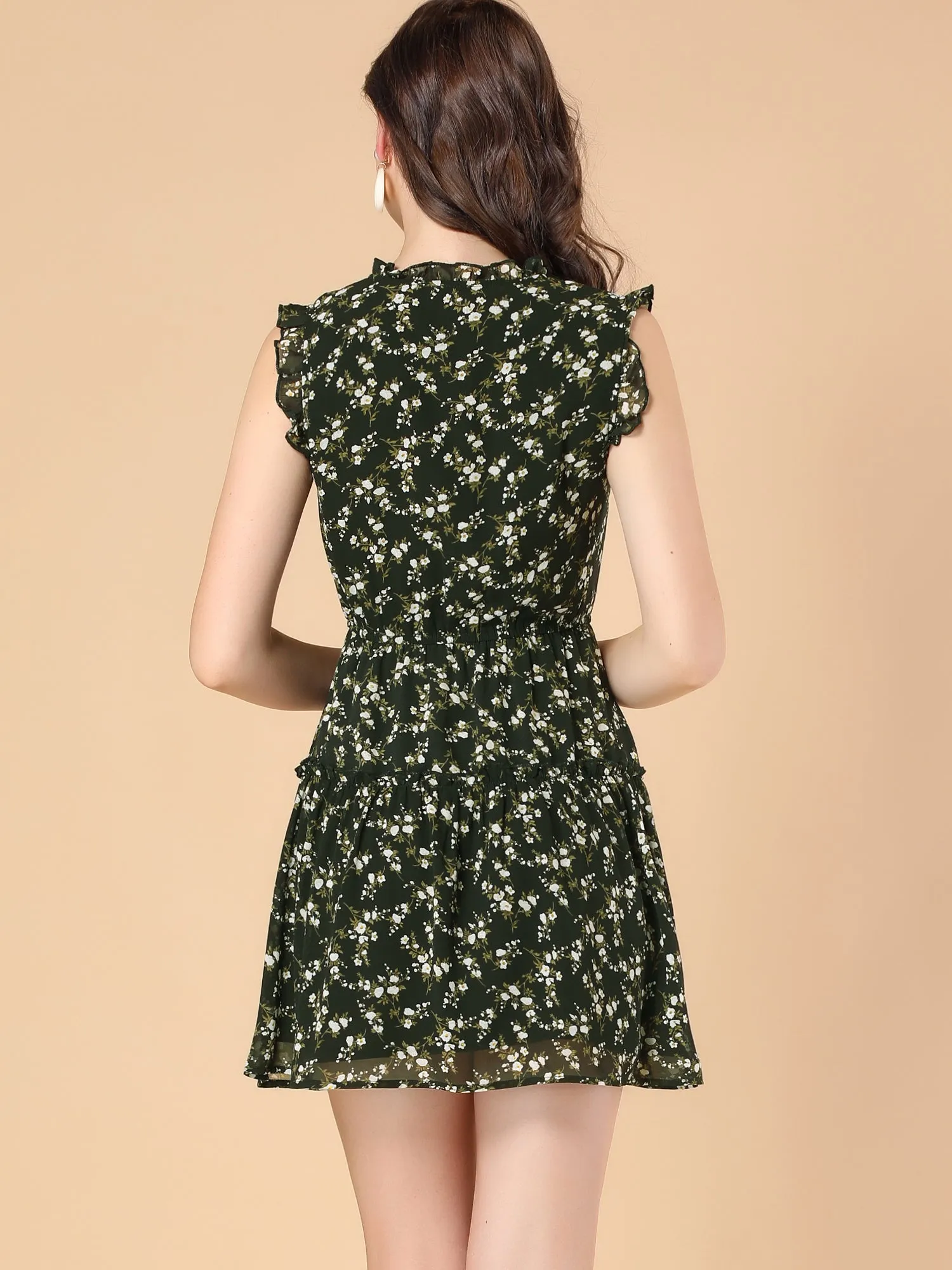 Summer Floral Ruffle Sleeveless Tie Neck Chiffon Flowy Mini Dress sold by Allegra K product image thumbnail 4