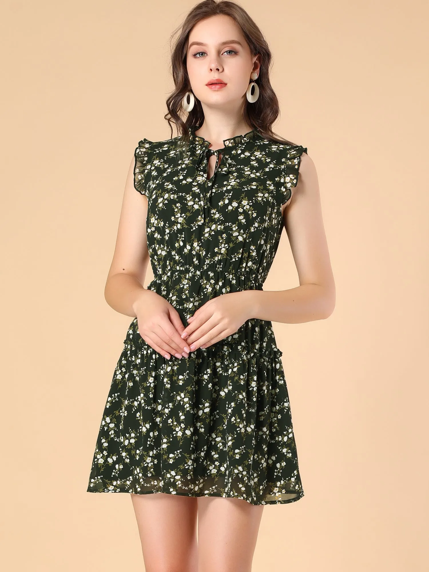 Summer Floral Ruffle Sleeveless Tie Neck Chiffon Flowy Mini Dress sold by Allegra K product image thumbnail 2
