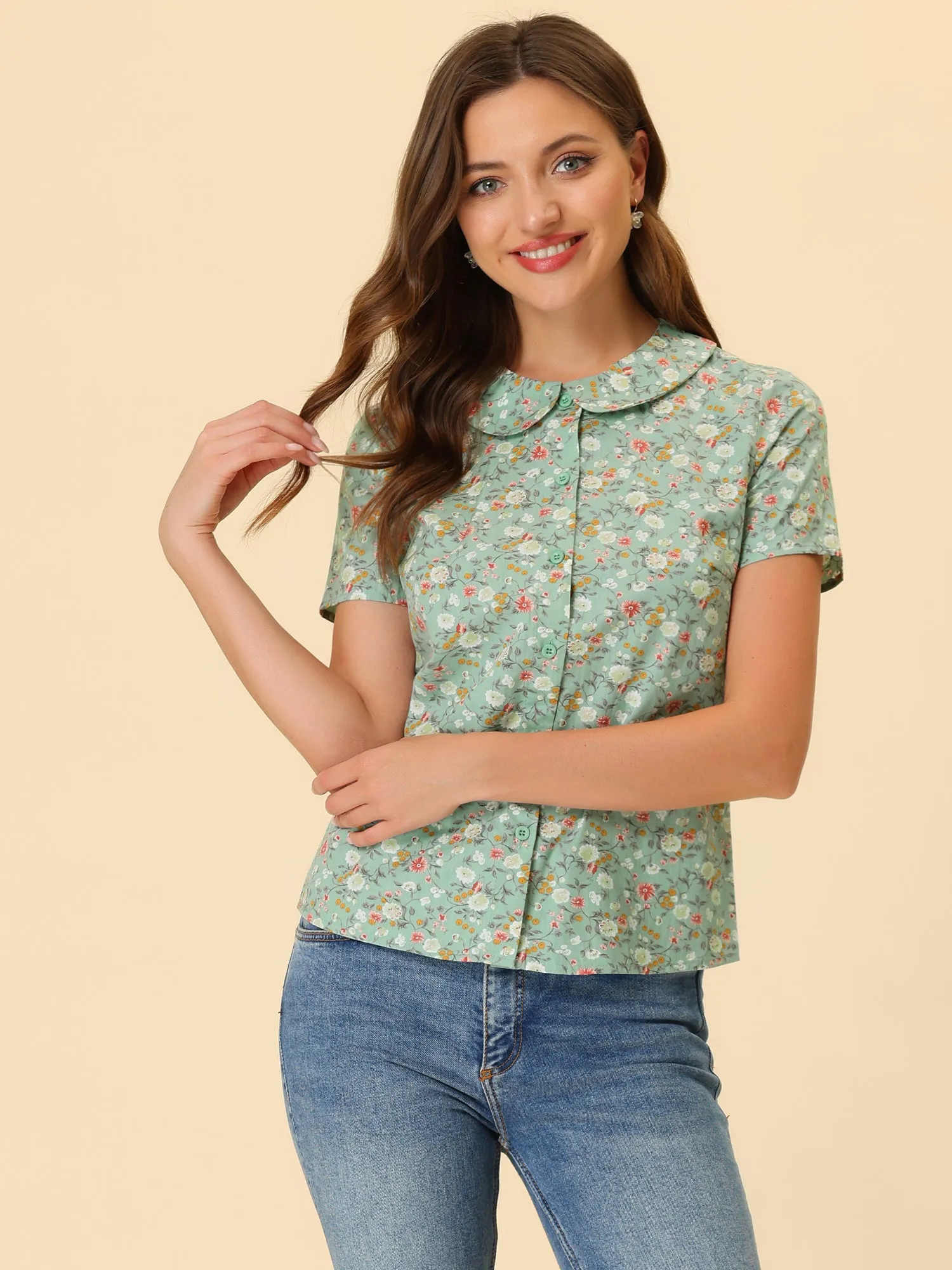 Summer Peter Pan Collar Button Front Vintage Floral Print Blouse sold by Allegra K product image thumbnail 2