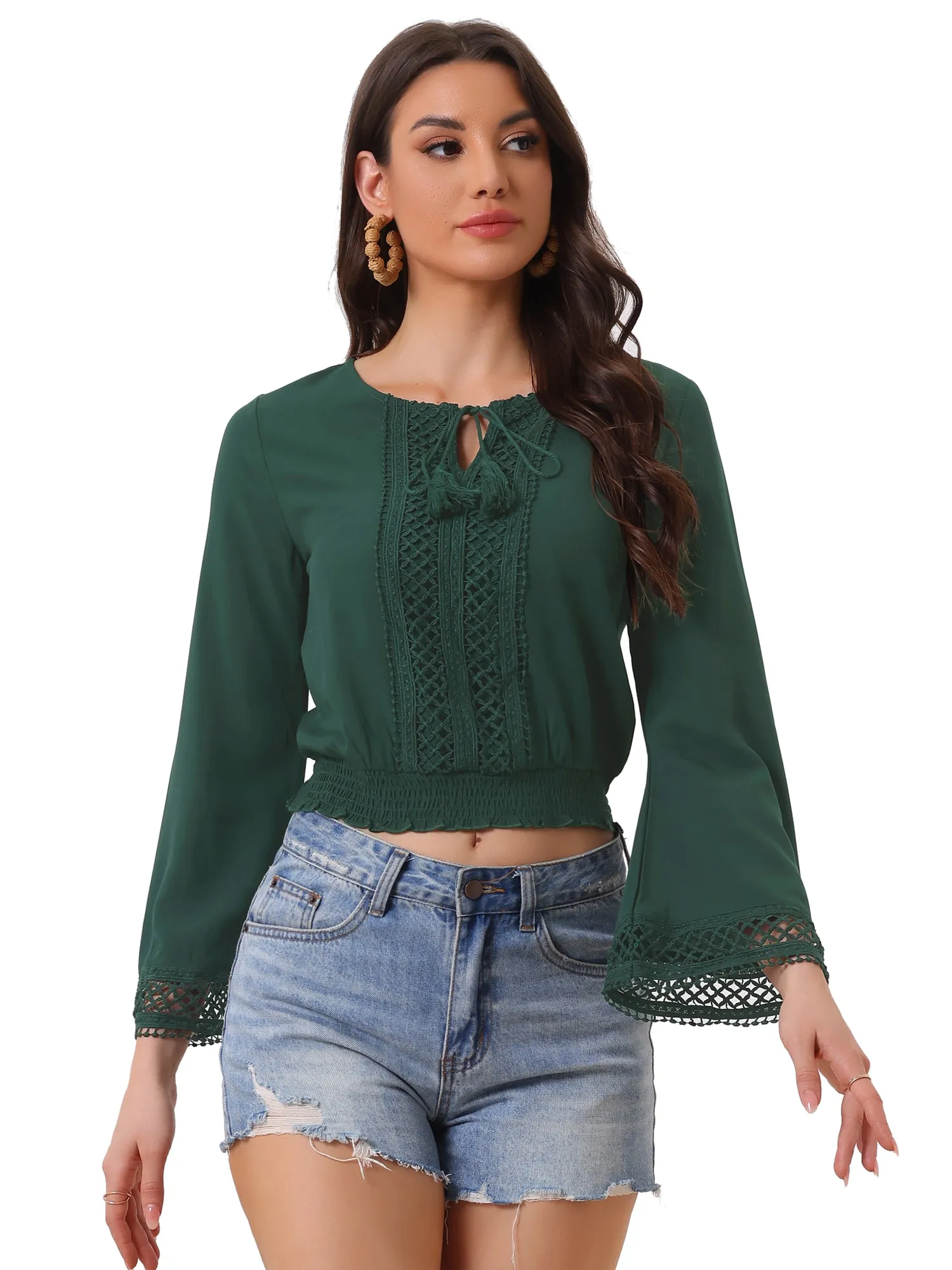 Boho Beach Blouse Bell Sleeve Lace Trim Tie Neck Peasant Smocked Top sold by Allegra K product image thumbnail 4
