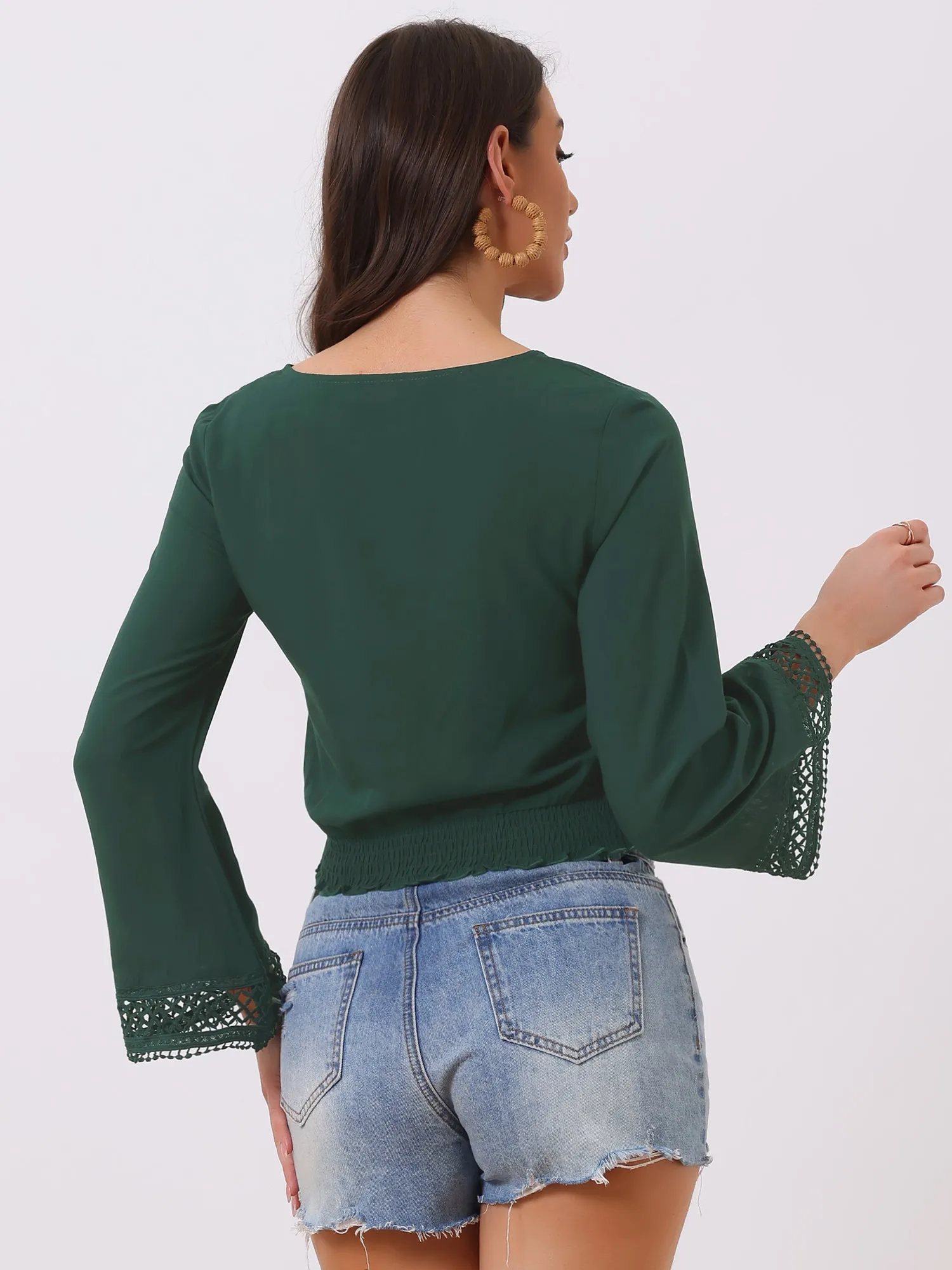 Boho Beach Blouse Bell Sleeve Lace Trim Tie Neck Peasant Smocked Top sold by Allegra K product image thumbnail 3