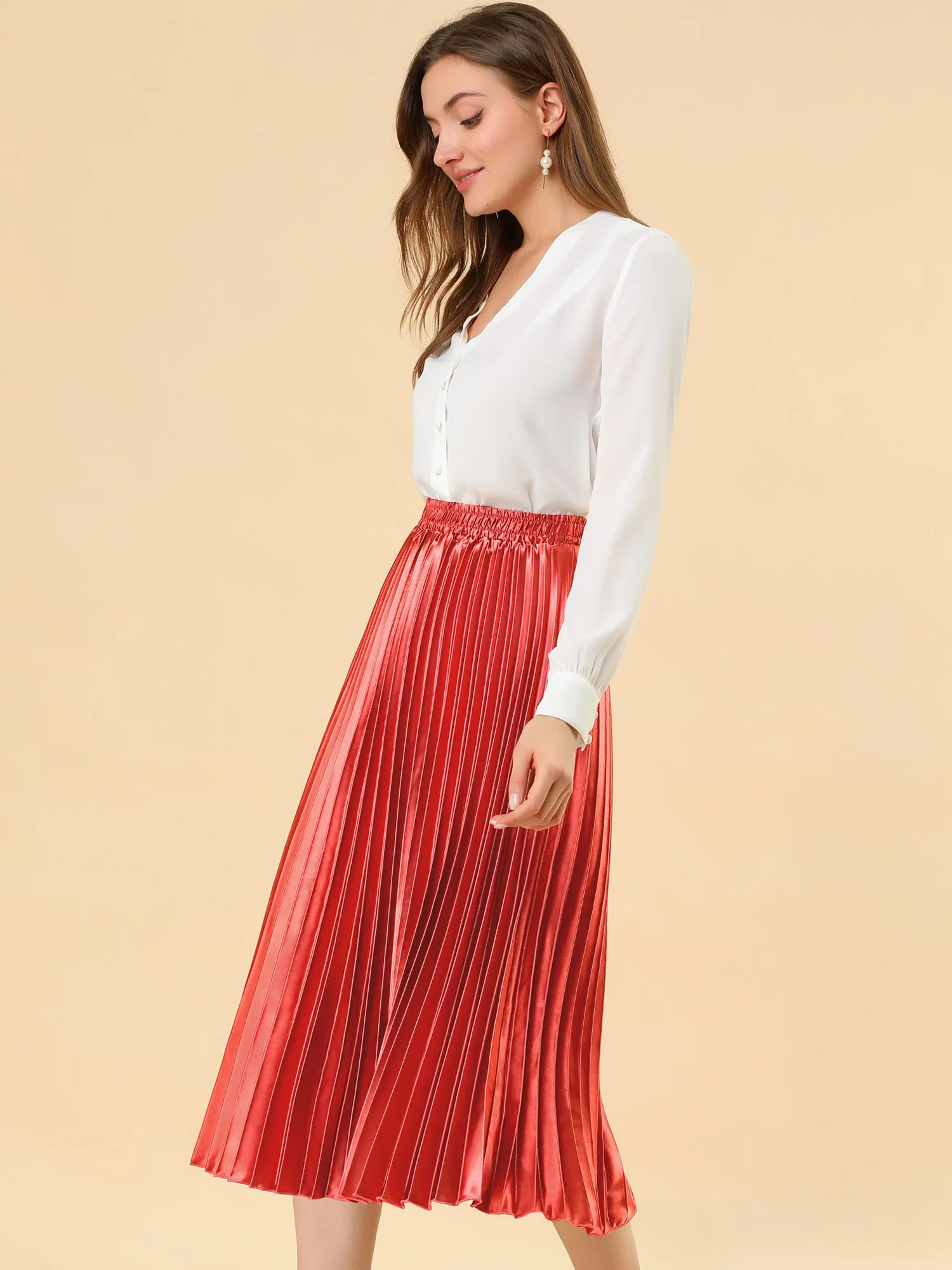 Party Elastic Waist Metallic Shiny Pleated Midi Skirt sold by Allegra K product image thumbnail 3