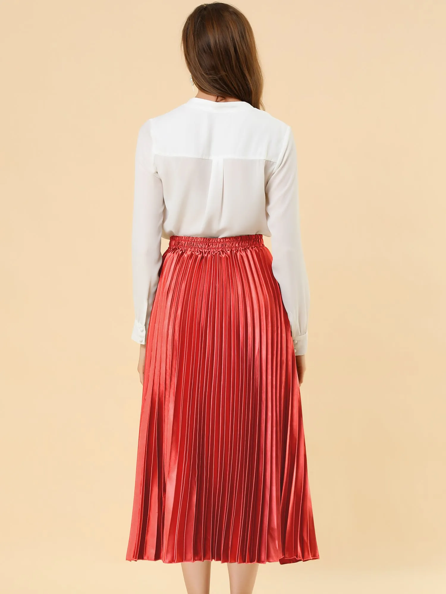 Party Elastic Waist Metallic Shiny Pleated Midi Skirt sold by Allegra K product image thumbnail 4