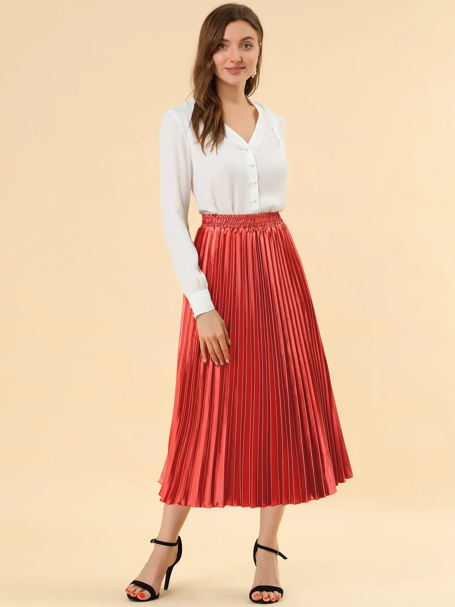 Party Elastic Waist Metallic Shiny Pleated Midi Skirt sold by Allegra K product image thumbnail 2
