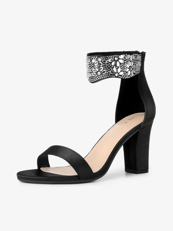 Women's Rhinestone Diamond Decor Crystal Ankle Strap Chunky Heel Sandals sold by Allegra K