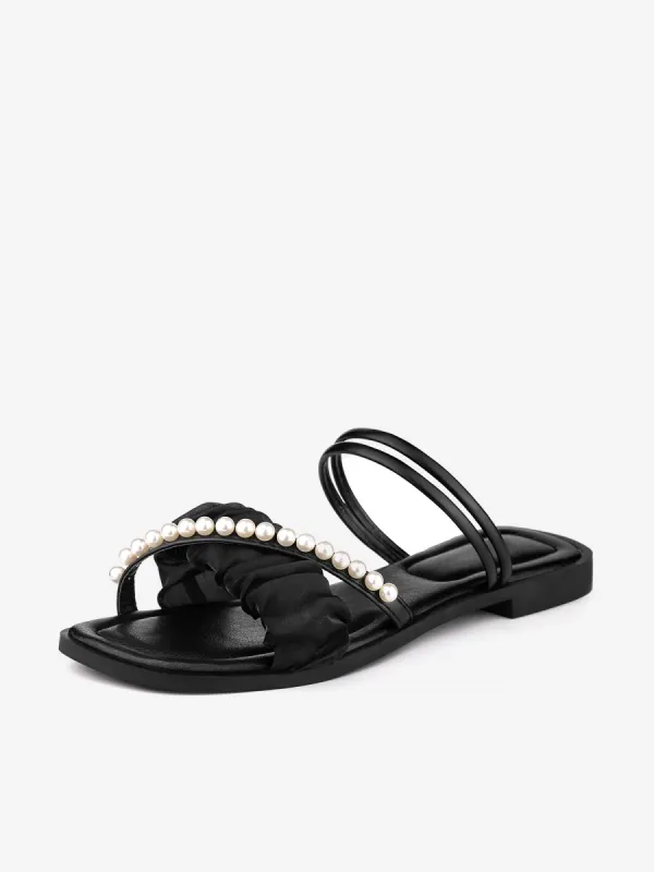 Women's Strappy Pearl Strap Pleated Flat Slide Sandals sold by Allegra K