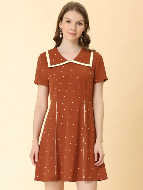 Retro Heart Print Above Knee Short Sleeve Elegant Dress sold by Allegra K