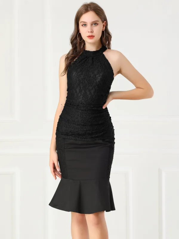 Floral Lace Halter Neck Ruched Sleeveless Tank Top sold by Allegra K