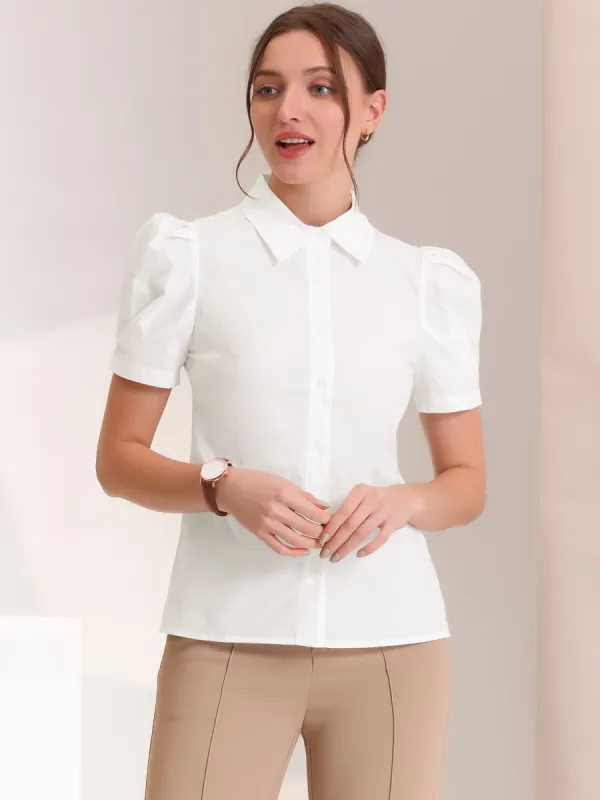 Puff Short Sleeve Turn Down Collared Office Button Down Shirt sold by Allegra K