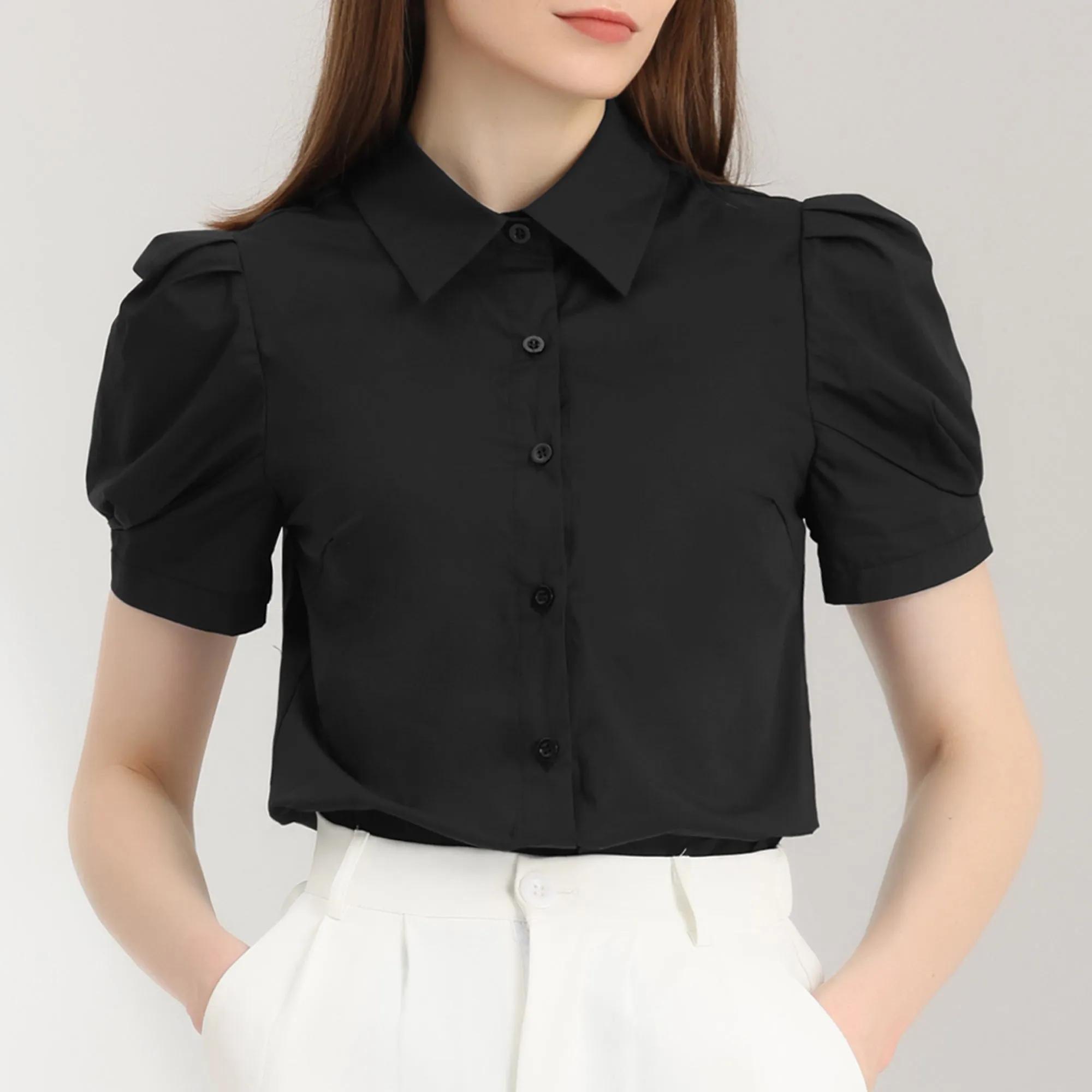 Puff Short Sleeve Turn Down Collared Office Button Down Shirt sold by Allegra K product image thumbnail 5
